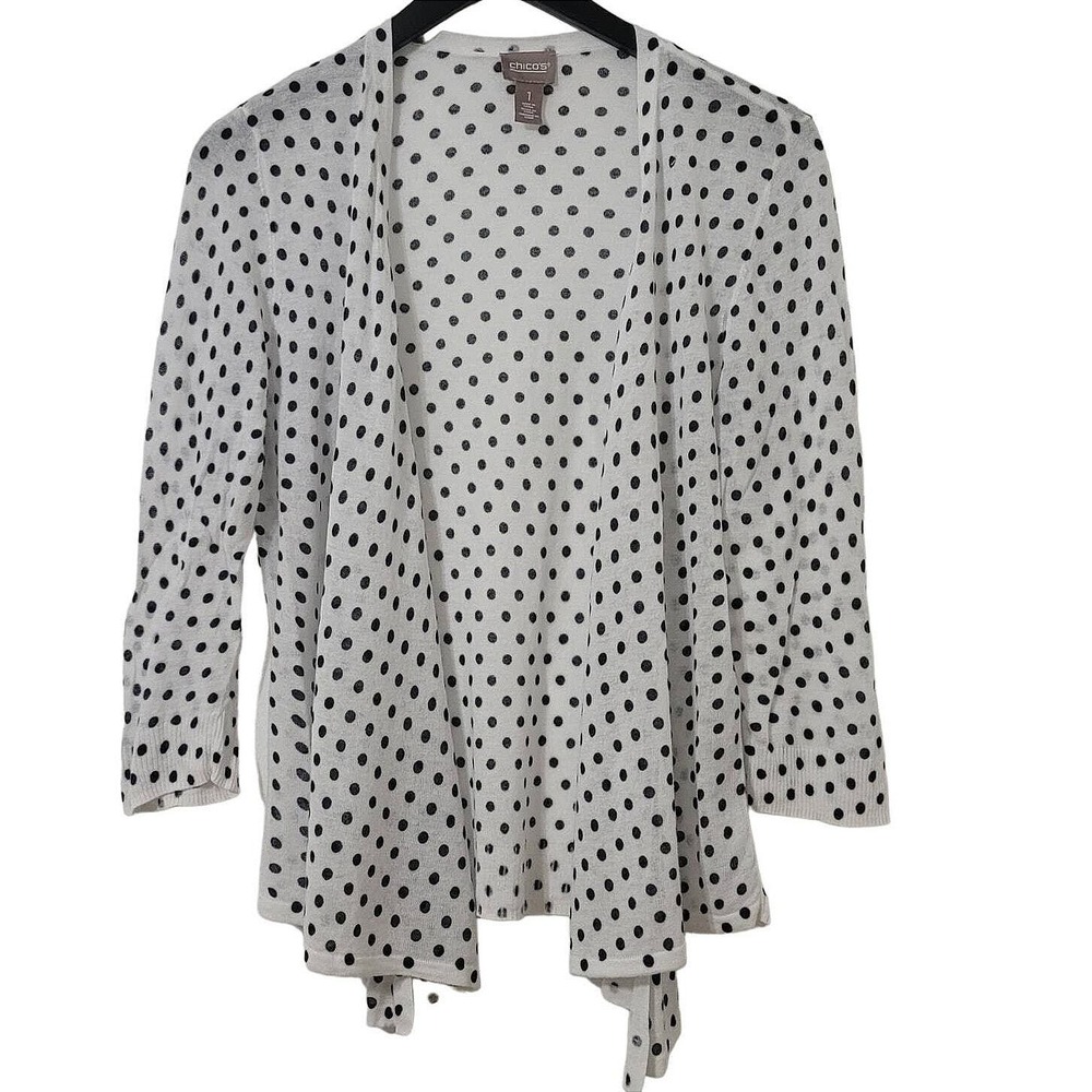 Chico's Cardigan Sweater M Black White Polka Dots‎ Open Waterfall Lightweight